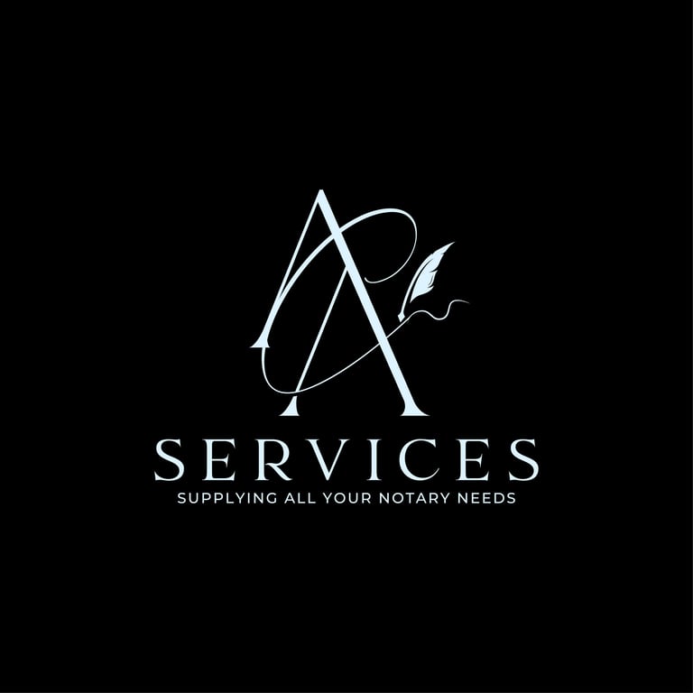 Notary Services logo featuring stylized letter A with quill pen design on black background